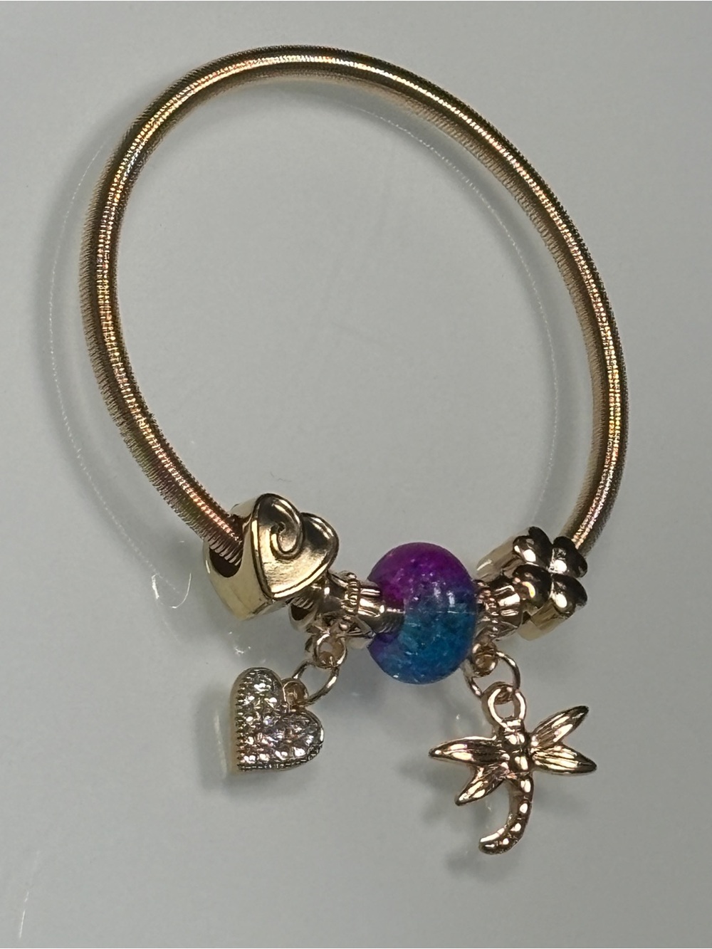 Gold Charm Bracelet with Purple-Blue Glass Bead and Heart & Dragonfly Charms